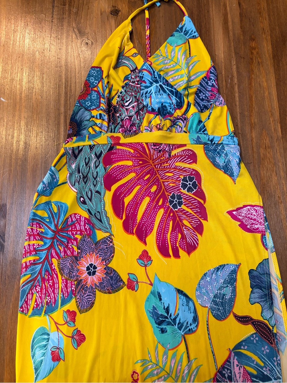 Fashion Nova Yellow Tropical Halter Maxi Dress with Fuchsia & Teal Accents